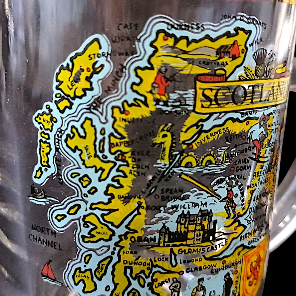 Vtg Scotland Souvenir Glass Mug Cup Gold Trim Transfer Ware‎ Map Highland Arts